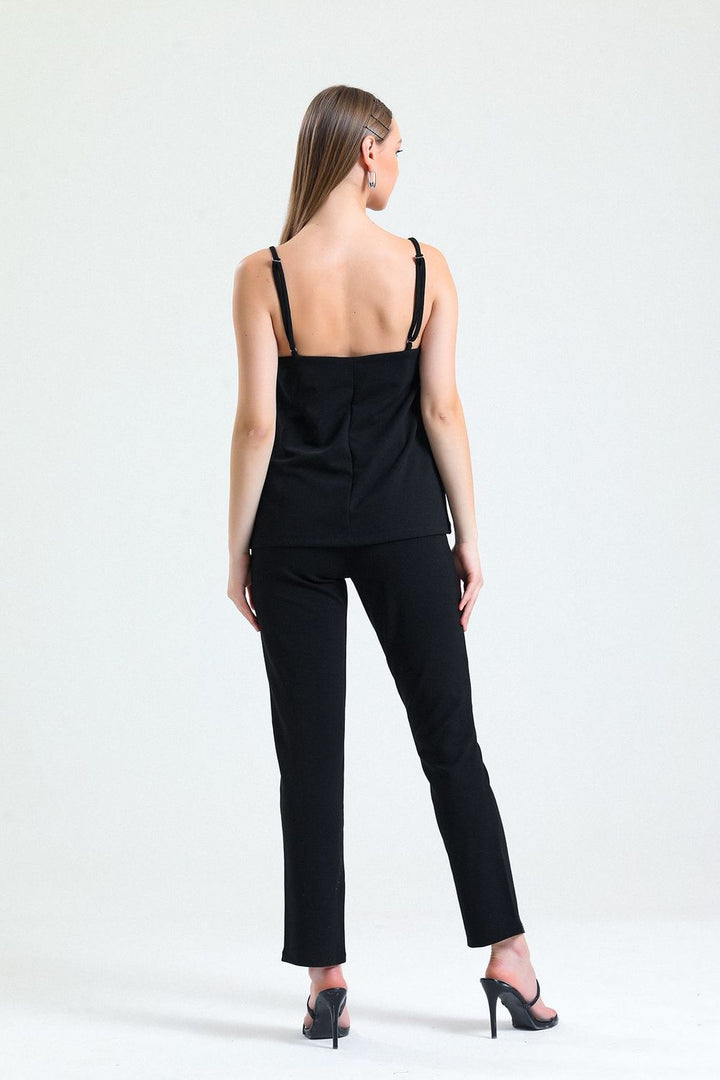 SNS Sense Black Front Stoned Strapped Scuba Crepe Short Blouse - Pinneberg