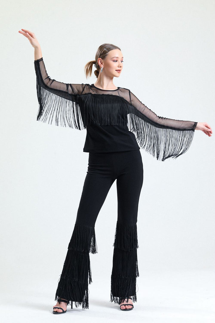 SNS Sense Black Tasseled Diver Scuba Crepe Tulle Blouse - Chilpancingo