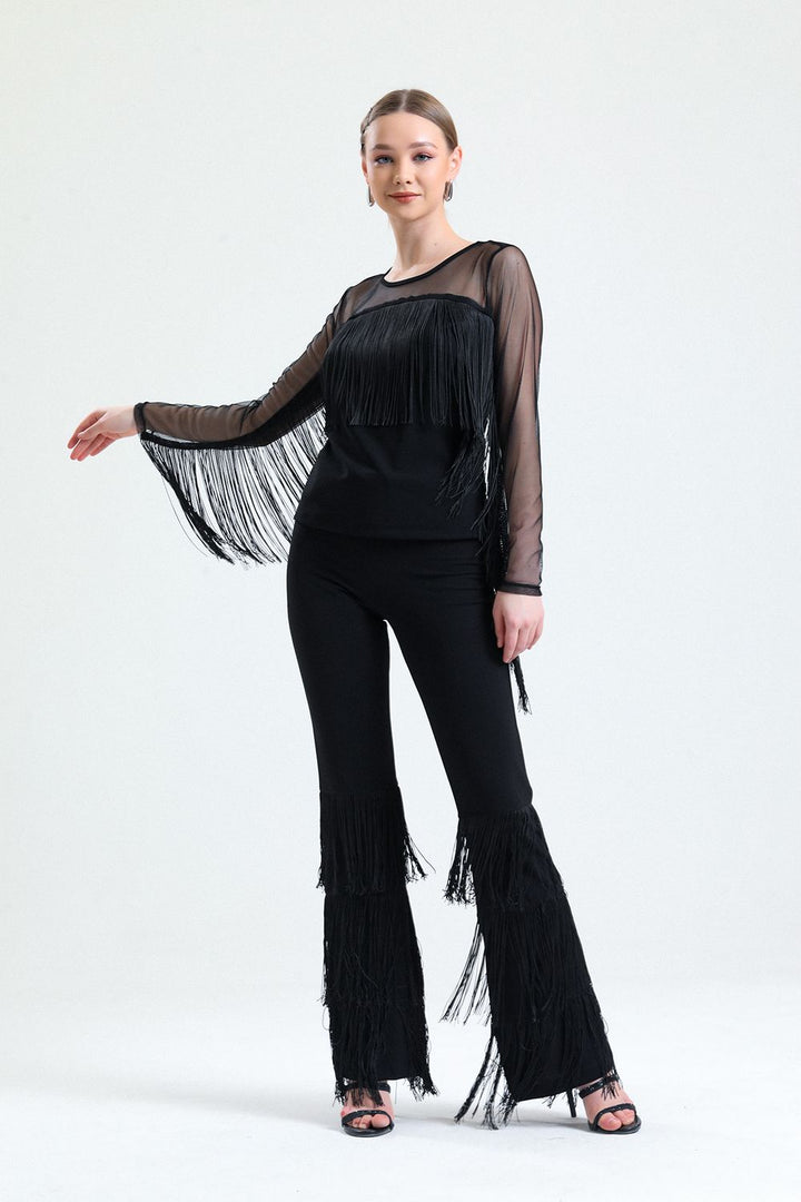 SNS Sense Black Tasseled Diver Scuba Crepe Tulle Blouse - Chilpancingo