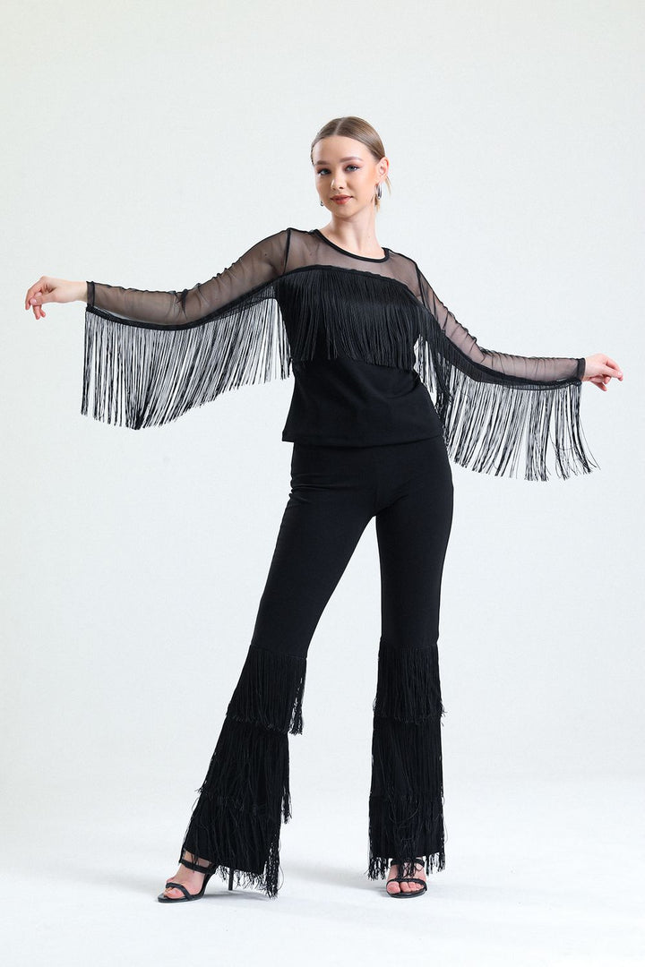 SNS Sense Black Tasseled Diver Scuba Crepe Tulle Blouse - Chilpancingo
