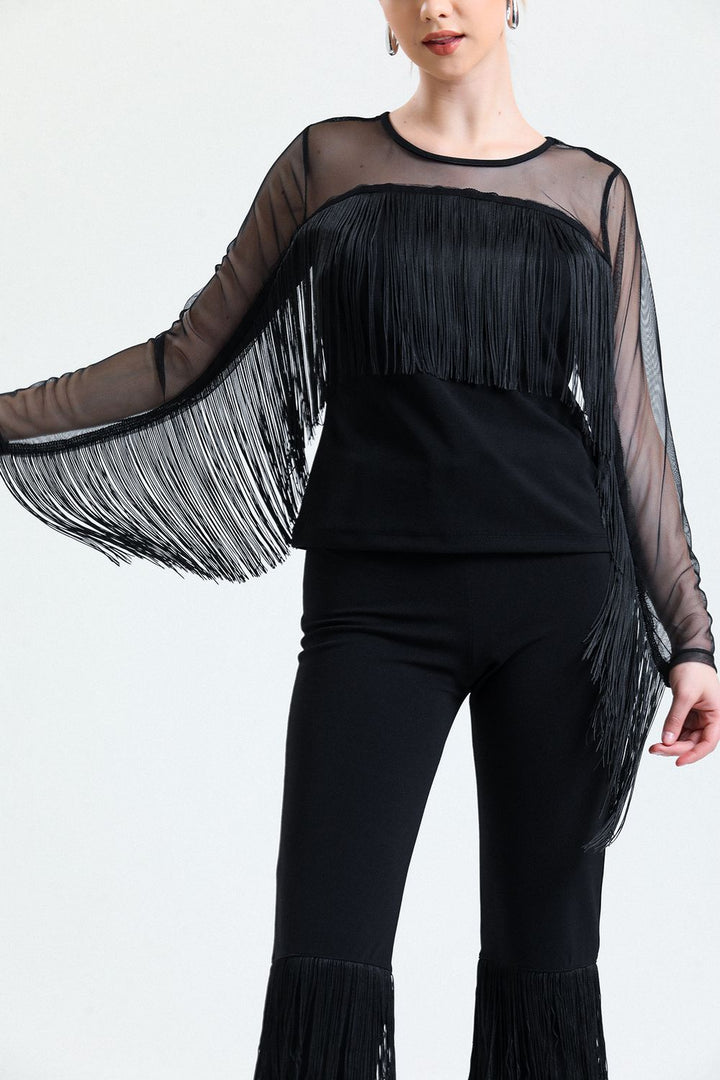 SNS Sense Black Tasseled Diver Scuba Crepe Tulle Blouse - Chilpancingo