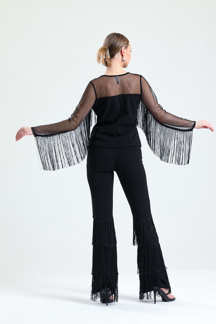 SNS Sense Black Tasseled Diver Scuba Crepe Tulle Blouse - Chilpancingo