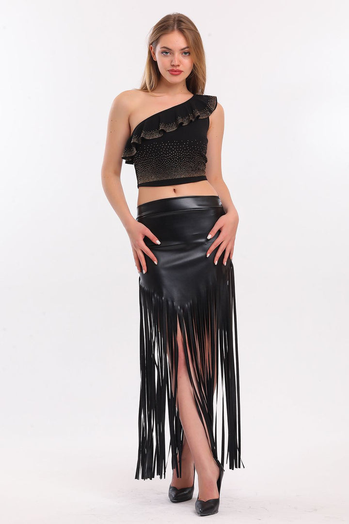 SNS Sense Black Fringed Leather Skirt - Town Country