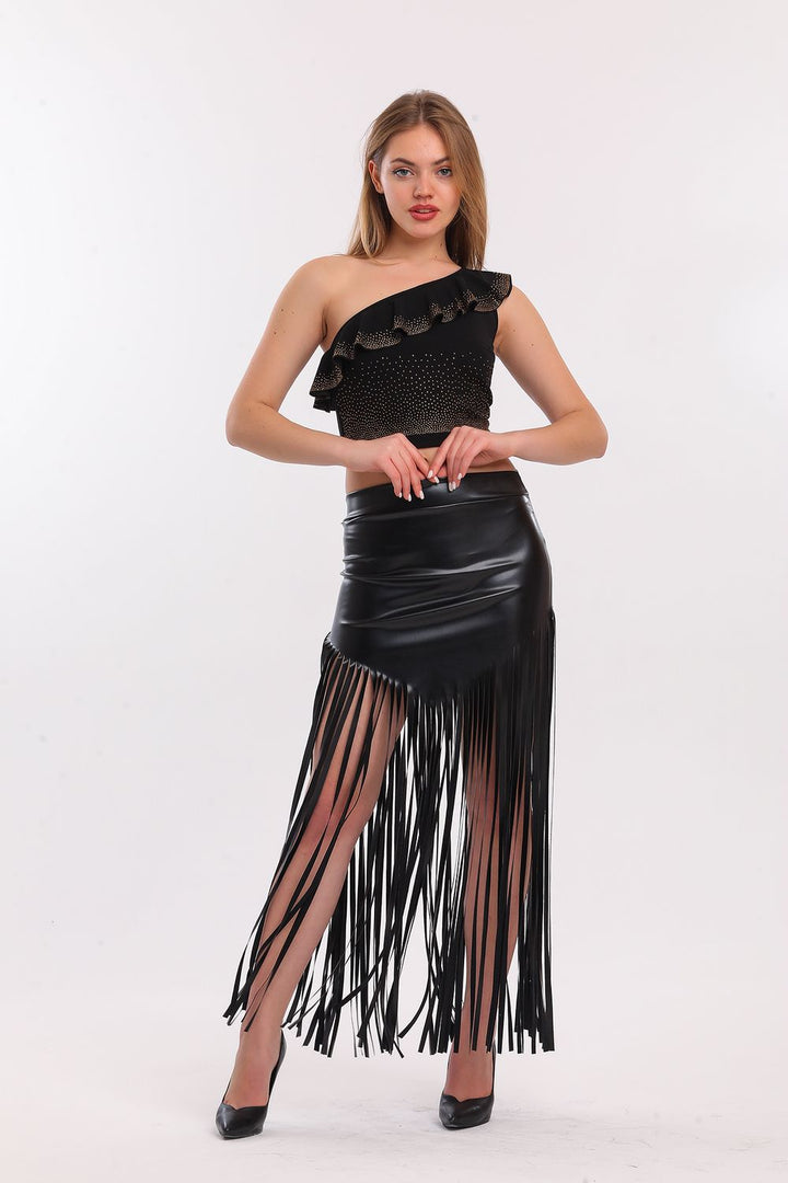 SNS Sense Black Fringed Leather Skirt - Town Country