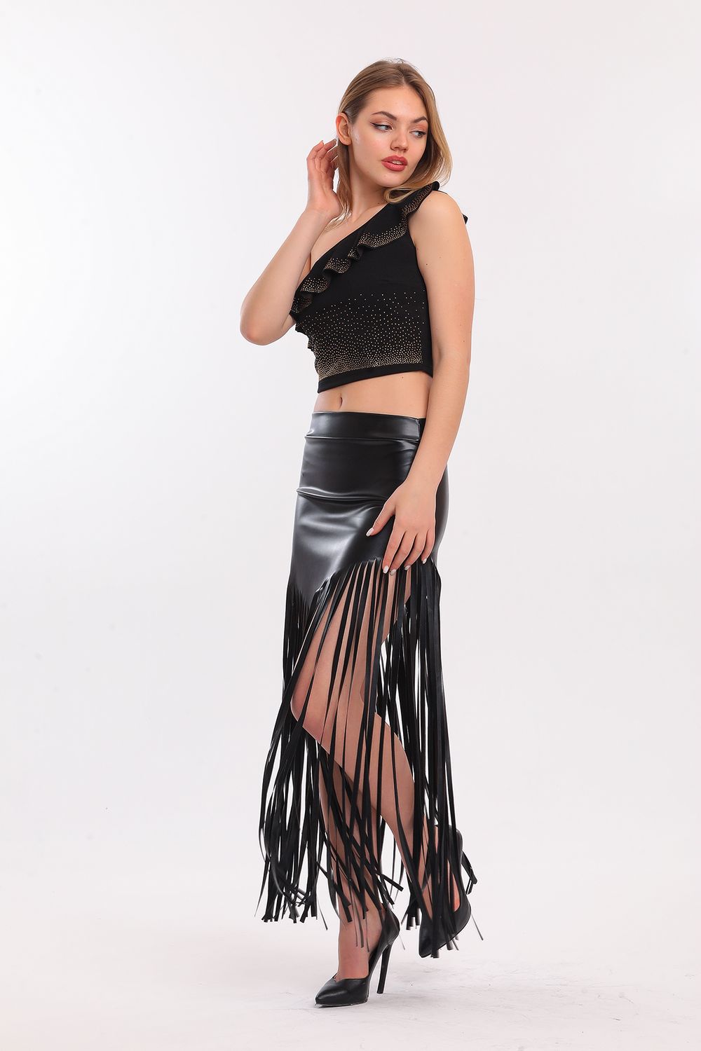 SNS Sense Black Fringed Leather Skirt - Town Country