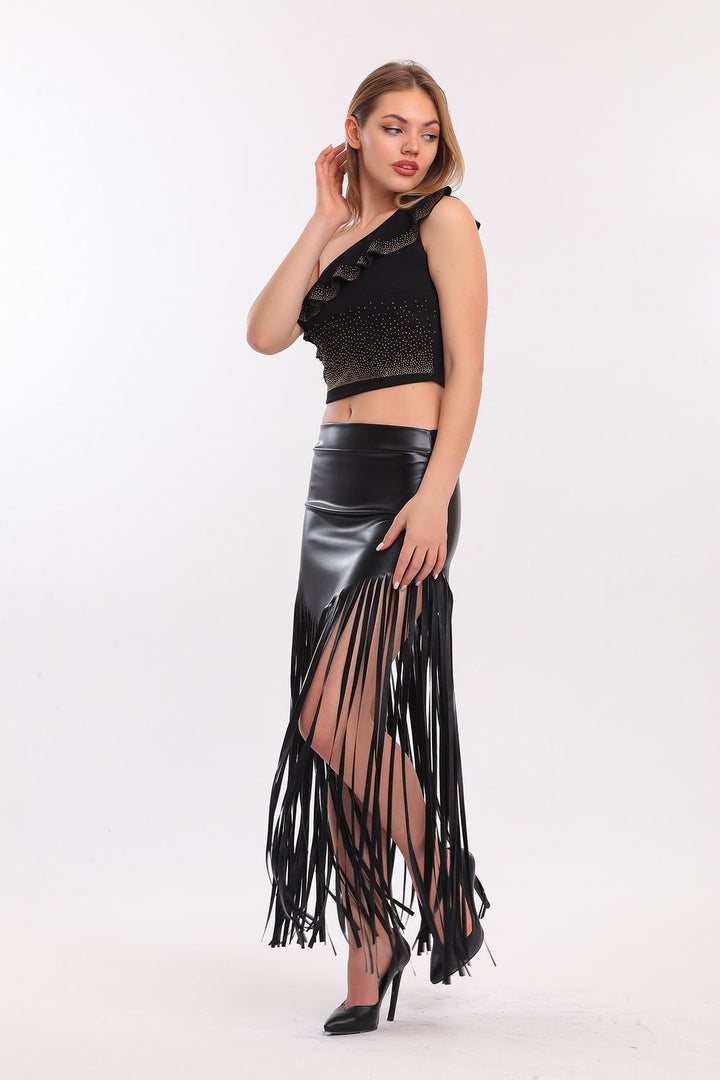 SNS Sense Black Fringed Leather Skirt - Town Country