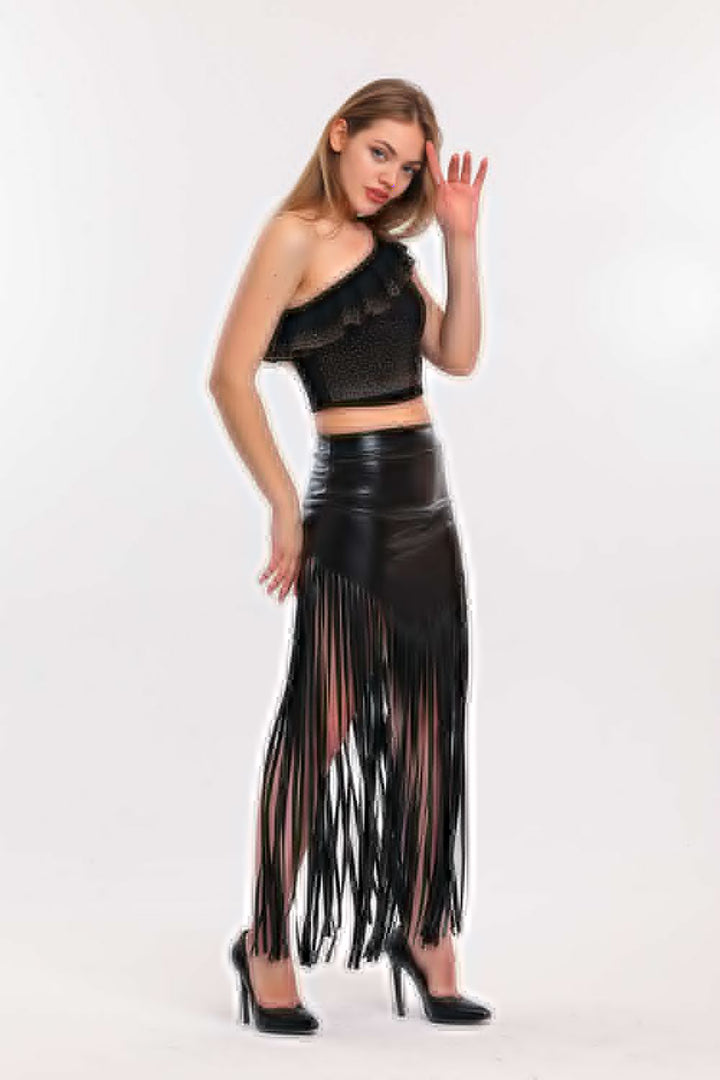 SNS Sense Black Fringed Leather Skirt - Town Country