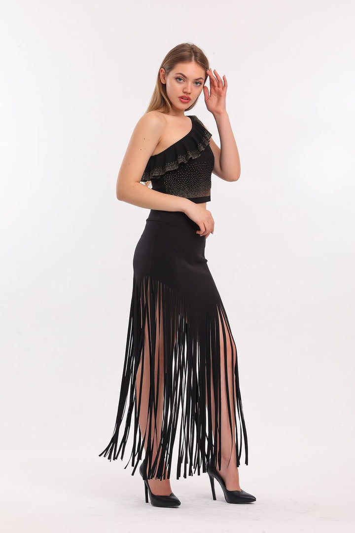 SNS Sense Black Tasseled Scuba Evening Skirt - Rhondda
