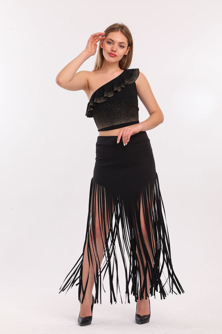 SNS Sense Black Tasseled Scuba Evening Skirt - Rhondda