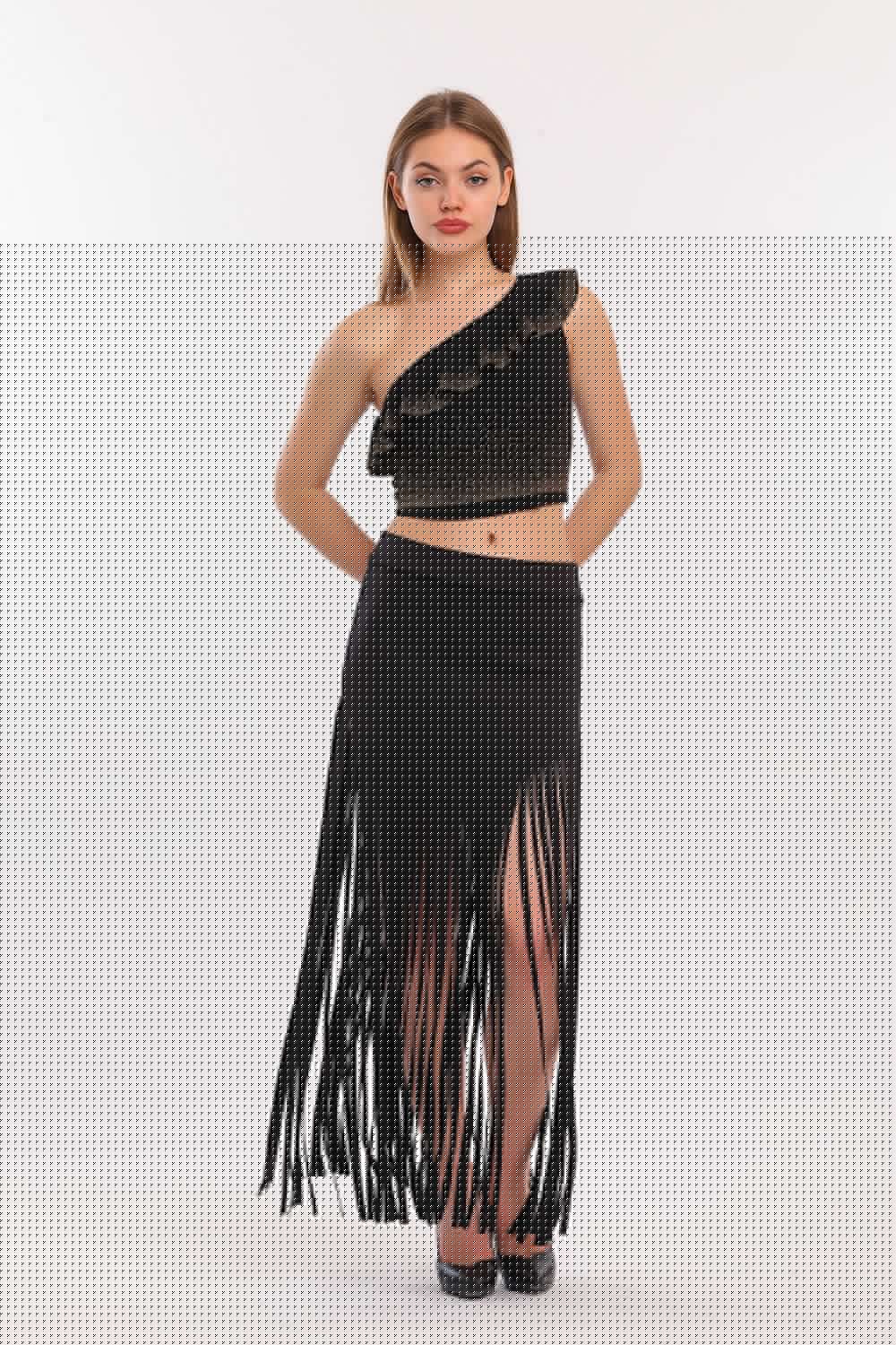SNS Sense Black Tasseled Scuba Evening Skirt - Rhondda
