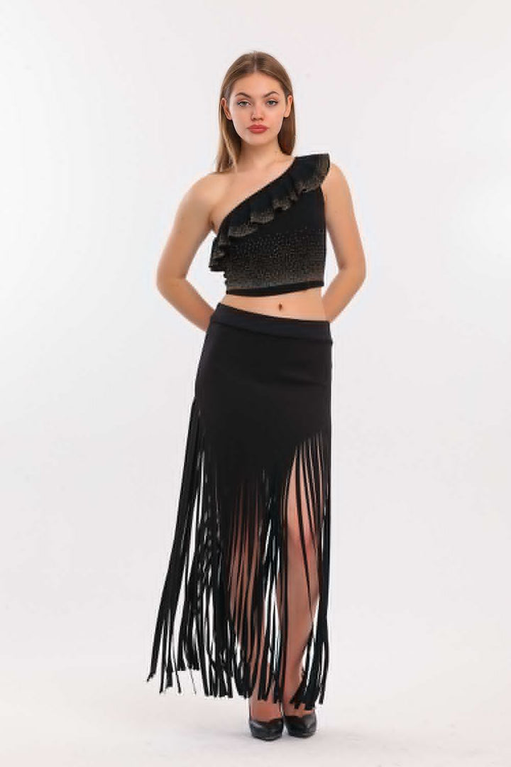 SNS Sense Black Tasseled Scuba Evening Skirt - Rhondda