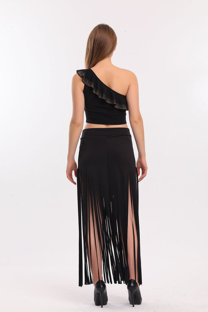 SNS Sense Black Tasseled Scuba Evening Skirt - Rhondda