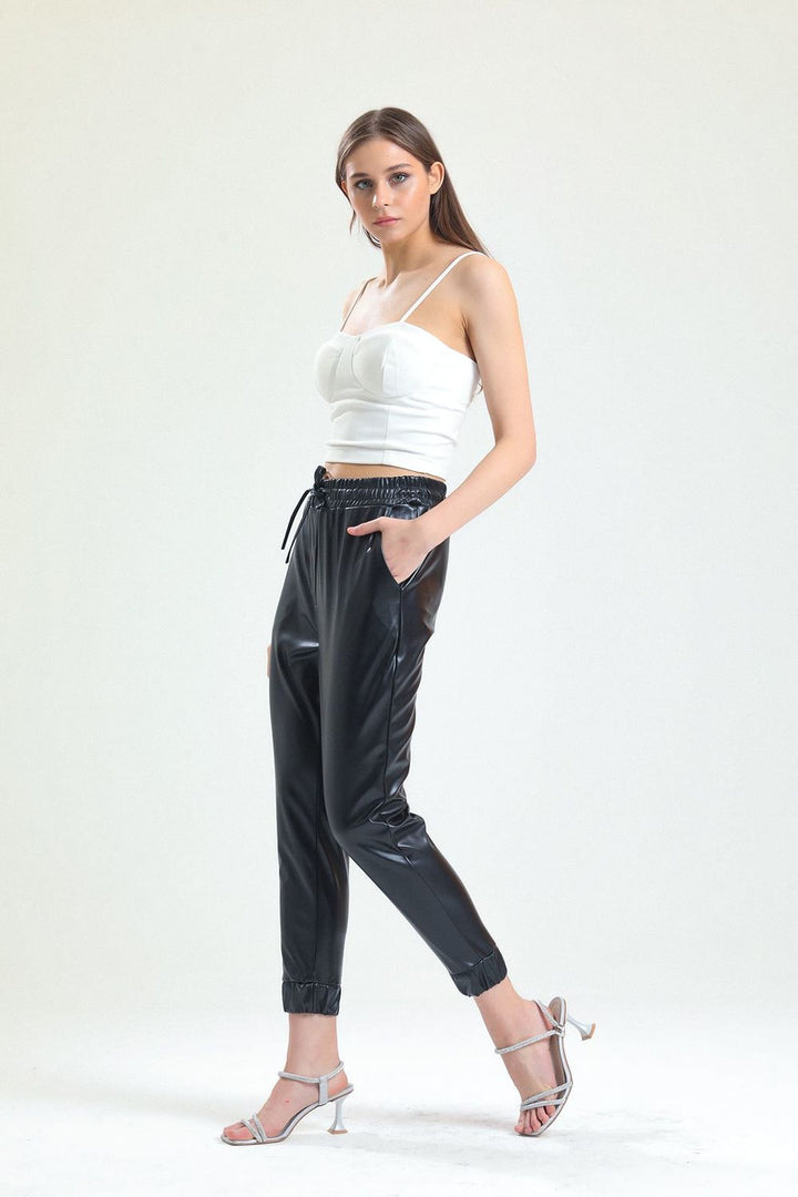 SNS Sense Black High Waist and Cuffed Leather Pants PNT33140 - Écija
