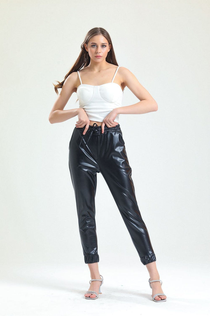 SNS Sense Black High Waist and Cuffed Leather Pants PNT33140 - Écija