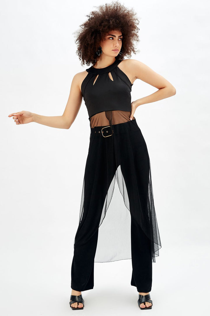 SNS Sense Black Chiffon Plunging Blouse Evening Blouse - Silves