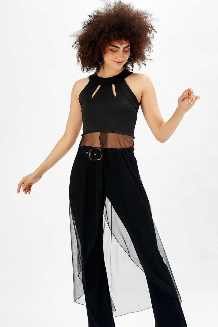 SNS Sense Black Chiffon Plunging Blouse Evening Blouse - Silves