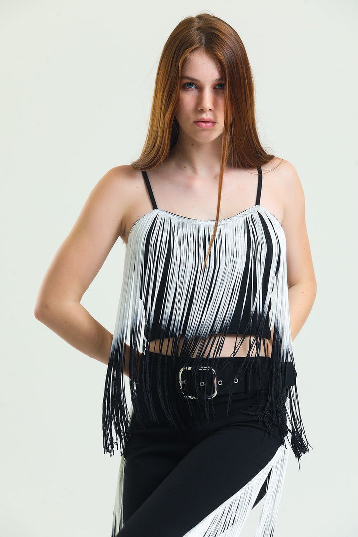 SNS Sense Black Silver Zippered Strapped Fringed Scuba Crepe Bustier - Saint-Martin-d’Hères