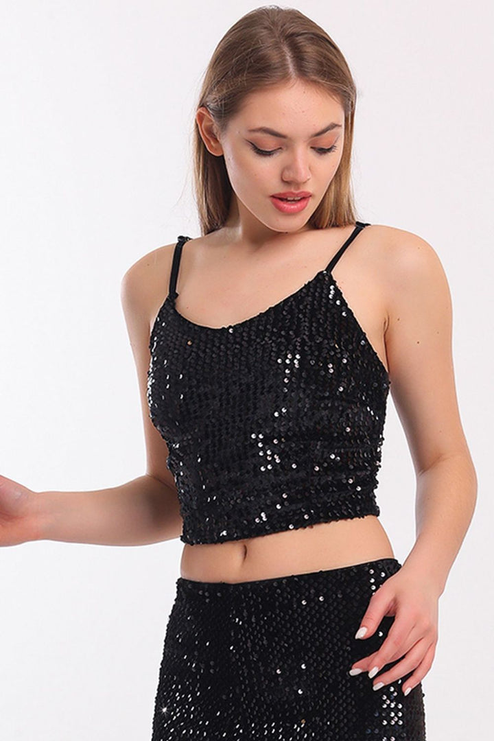 SNS Sense Black Velvet Sequin Bustier with Zippered Back Strap - Mettmann