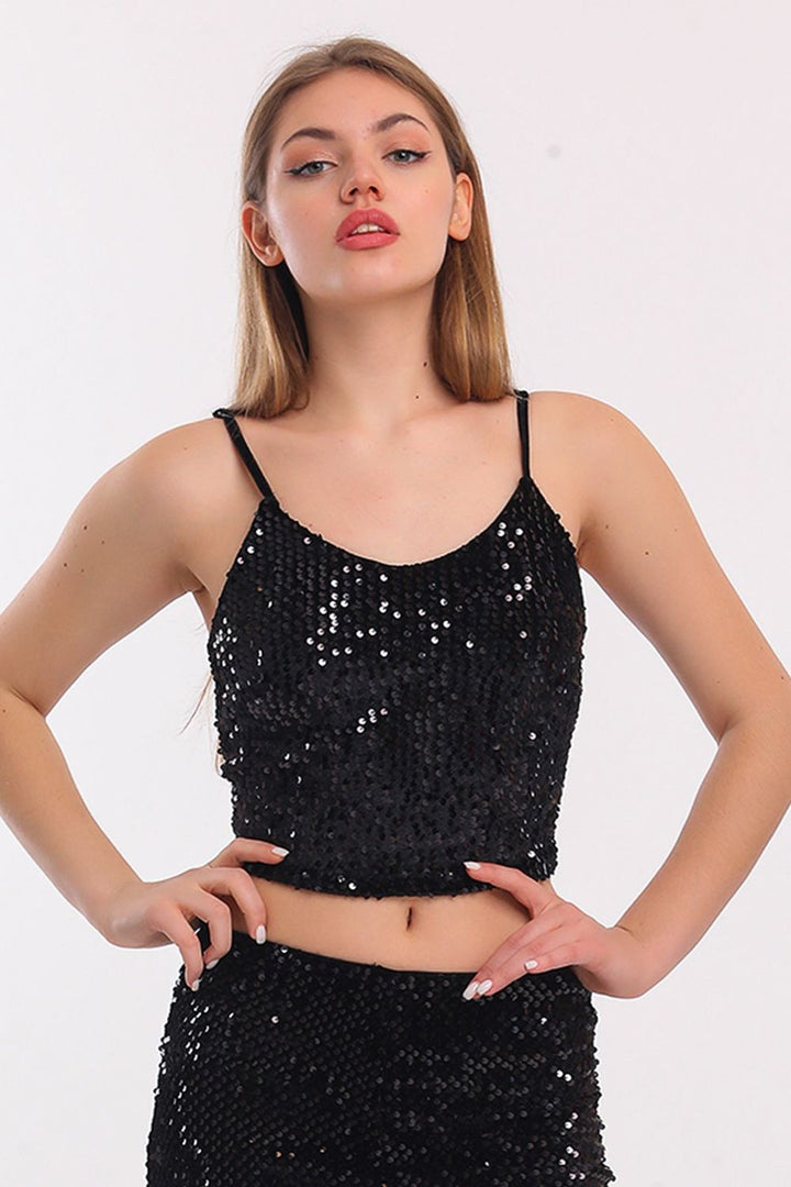 SNS Sense Black Velvet Sequin Bustier with Zippered Back Strap - Mettmann