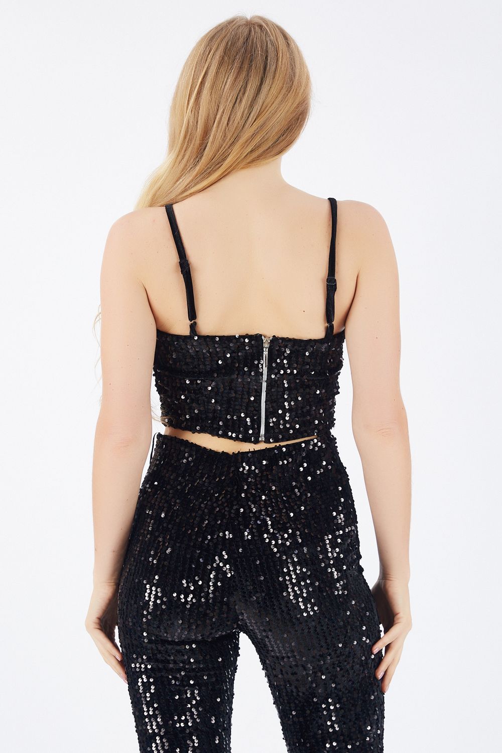 SNS Sense Black Velvet Sequin Bustier with Zippered Back Strap - Mettmann