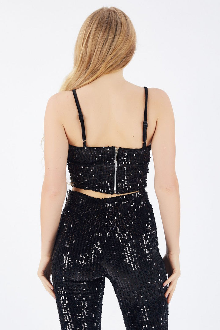 SNS Sense Black Velvet Sequin Bustier with Zippered Back Strap - Mettmann