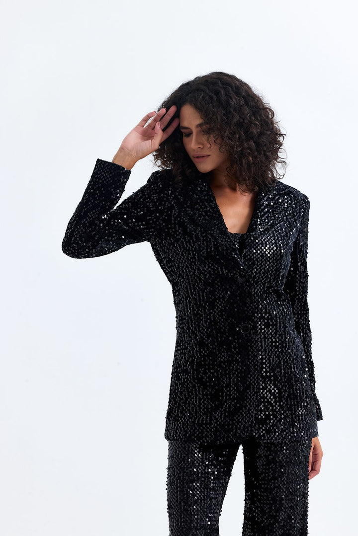 SNS Sense Black Black Lined Sequined Evening Jacket Ckt35369 - Germantown