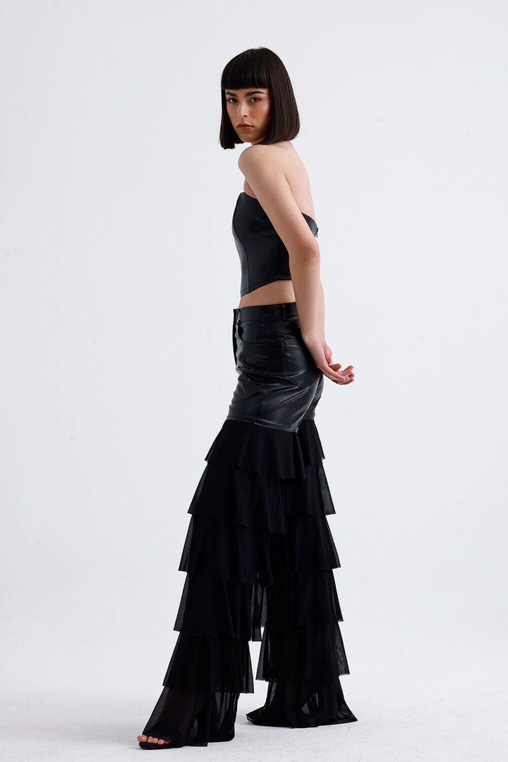 SNS Sense Black Tulle Ruffle Detailed Faux Leather Pants - Catemaco