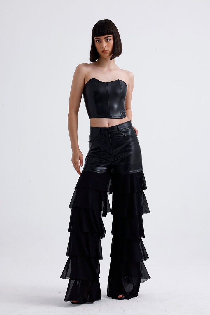 SNS Sense Black Tulle Ruffle Detailed Faux Leather Pants - Catemaco