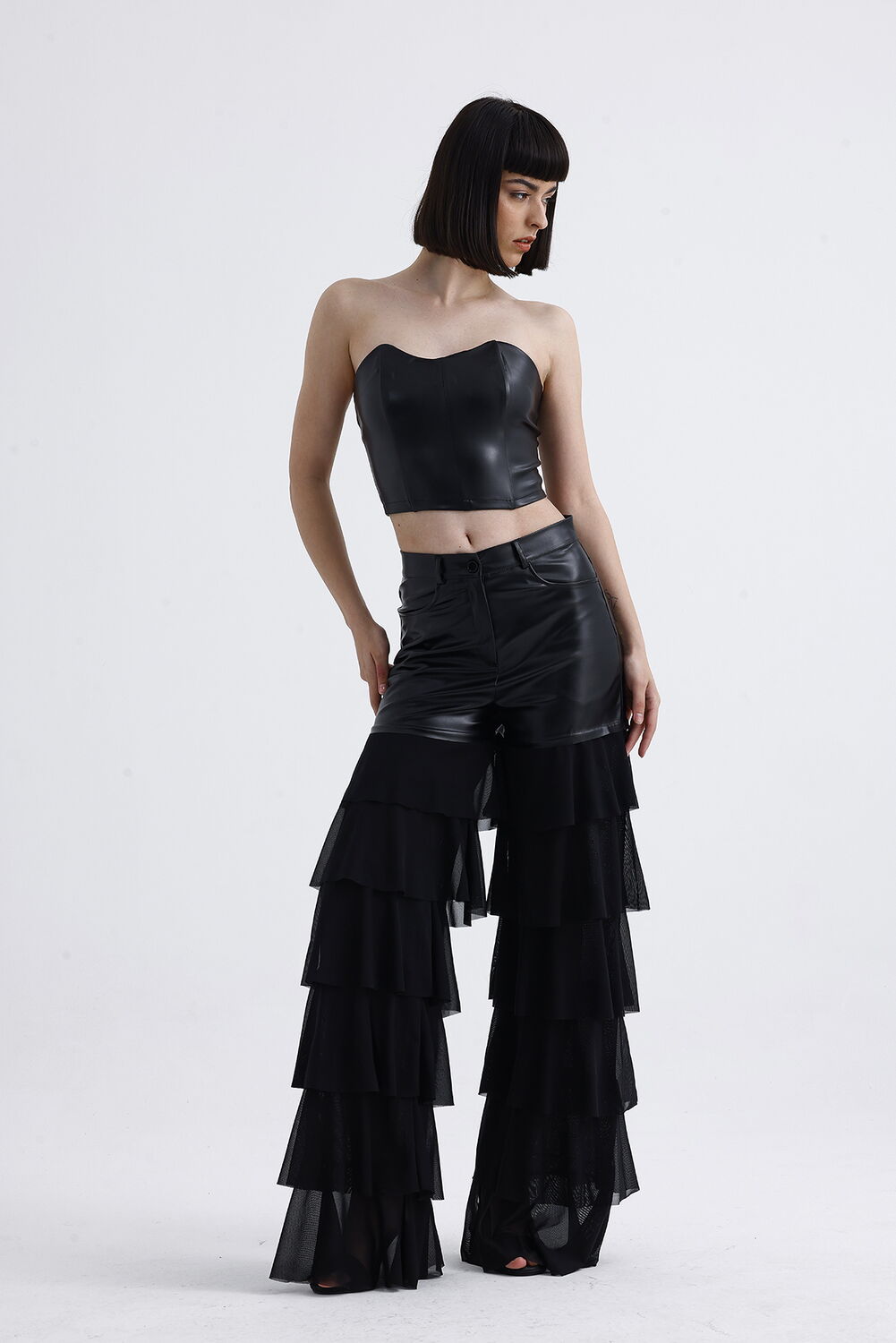 SNS Sense Black Tulle Ruffle Detailed Faux Leather Pants - Catemaco