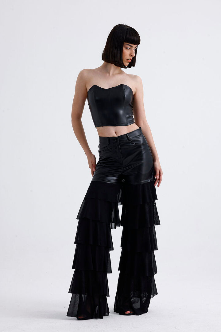 SNS Sense Black Tulle Ruffle Detailed Faux Leather Pants - Catemaco