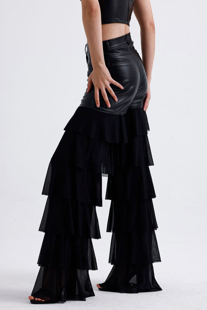 SNS Sense Black Tulle Ruffle Detailed Faux Leather Pants - Catemaco