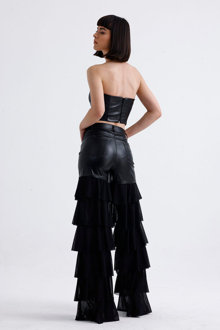 SNS Sense Black Tulle Ruffle Detailed Faux Leather Pants - Catemaco