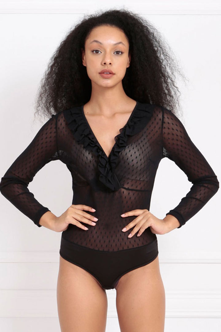 SNS Black Tulle Front Ruffled Snap Bodysuit - Essen