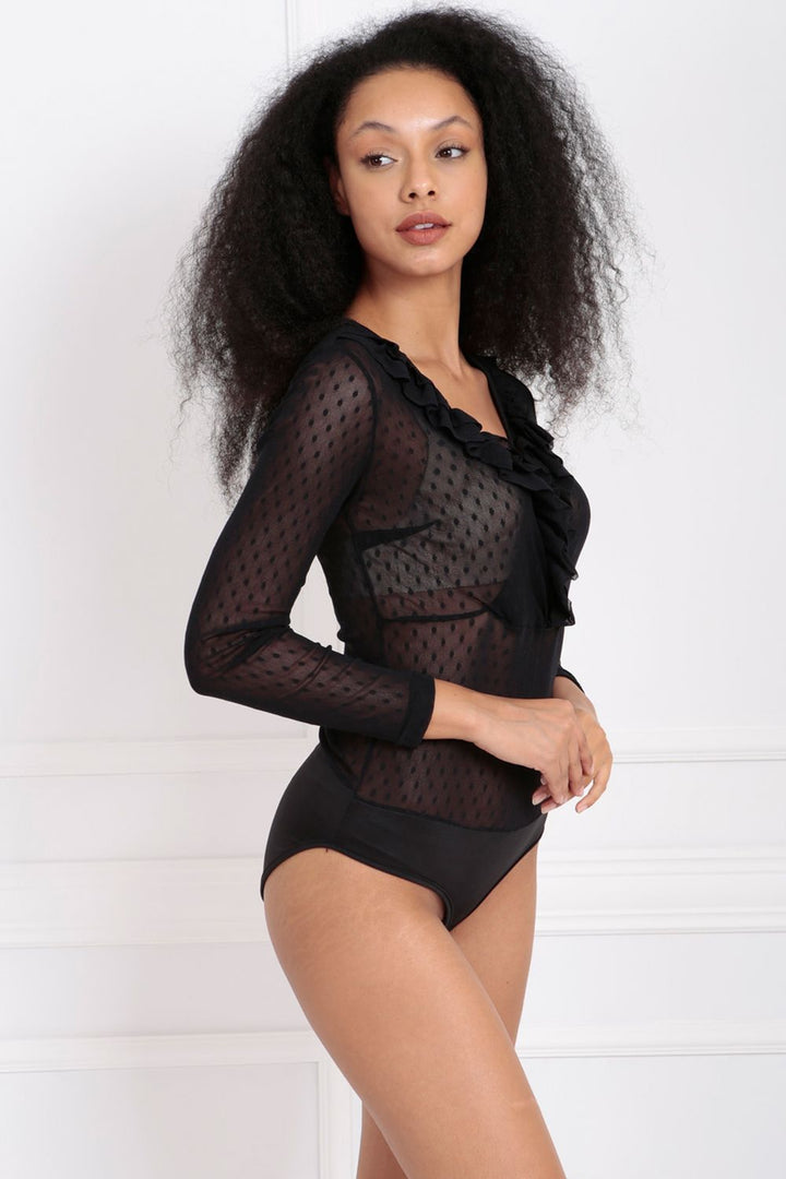 SNS Black Tulle Front Ruffled Snap Bodysuit - Essen