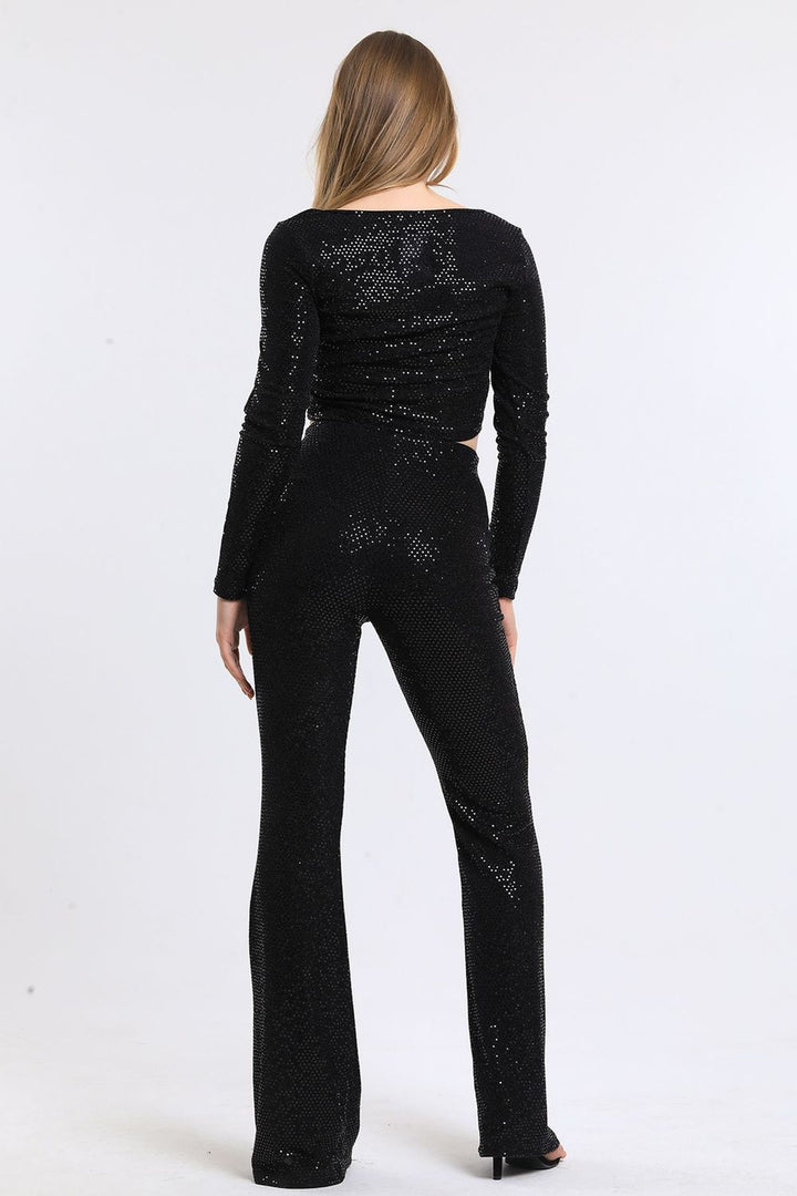 SNS Sense Black Long Sleeve Front Elasticated Ruffle Sequin Blouse BLZ34189 - Xico