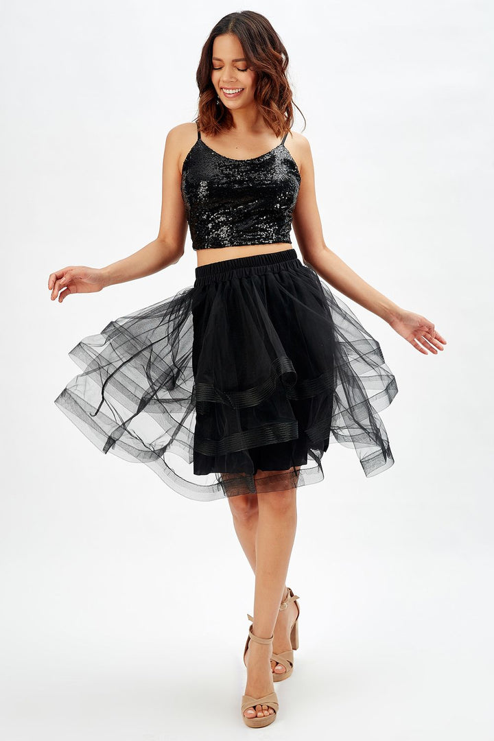 SNS Sense Black Shiny Layered Evening Skirt - Arroyomolinos