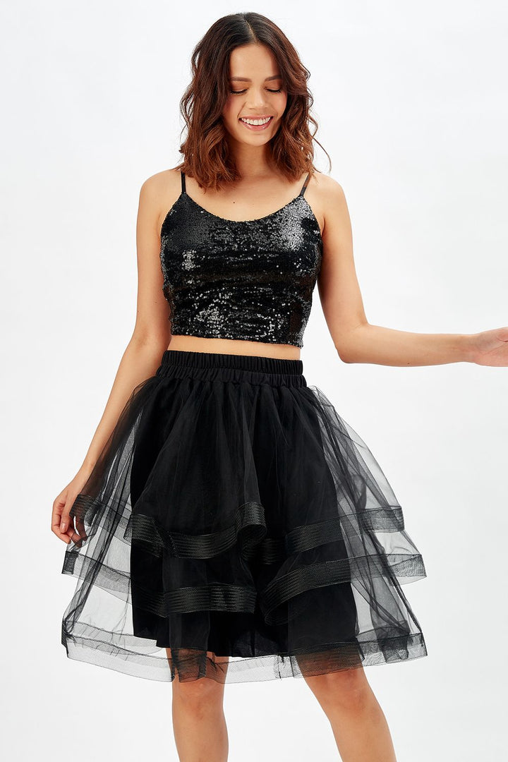 SNS Sense Black Shiny Layered Evening Skirt - Arroyomolinos