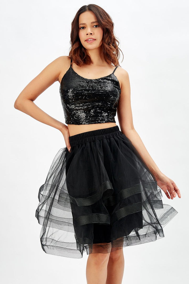 SNS Sense Black Shiny Layered Evening Skirt - Arroyomolinos