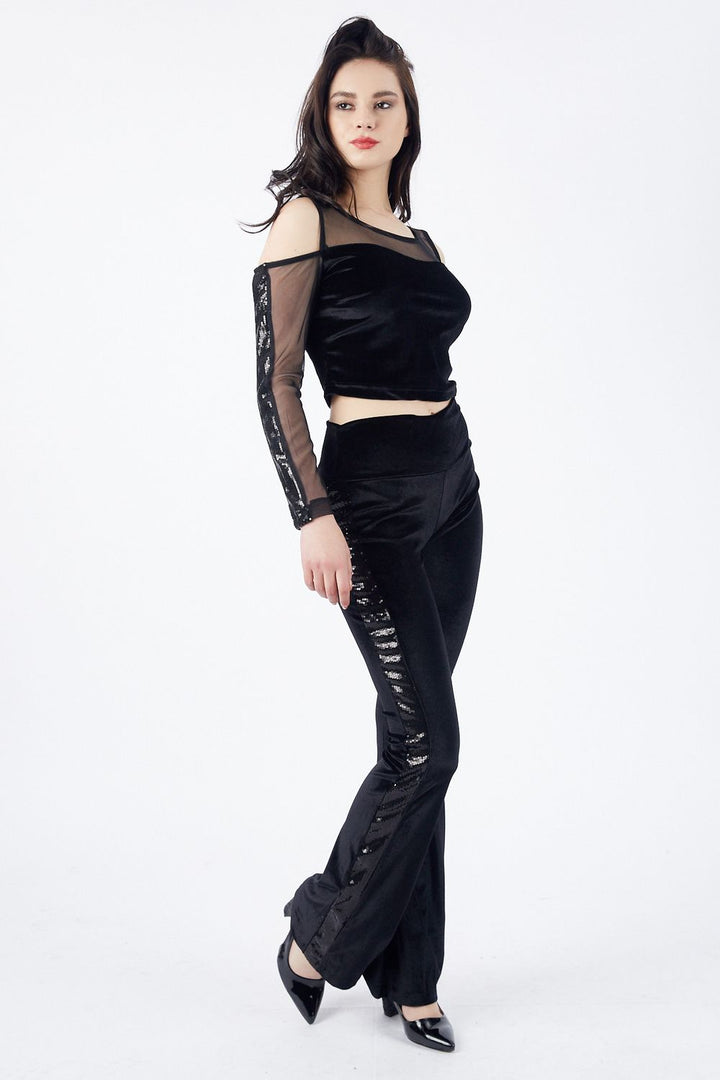 SNS Black Velvet Pants with Sequined High Waist - Beaumont
