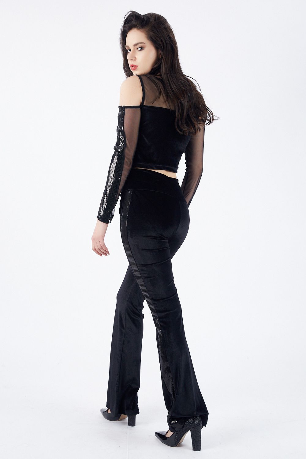 SNS Black Velvet Pants with Sequined High Waist - Beaumont