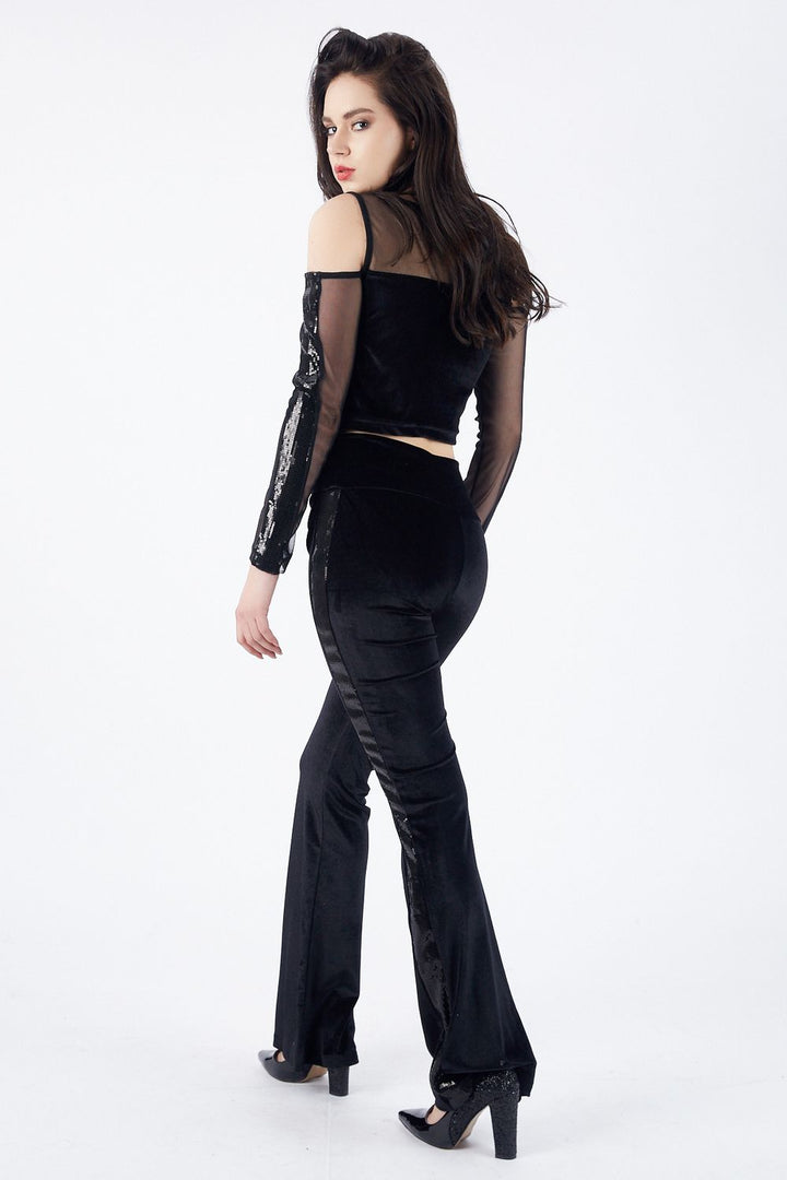 SNS Black Velvet Pants with Sequined High Waist - Beaumont