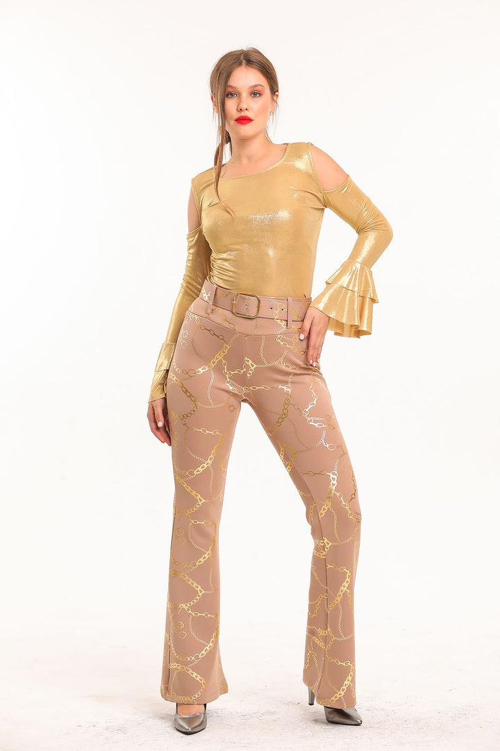 SNS Sense Vizon Gold Spanish Hem Foil Printed Scuba Pants - Federal Way