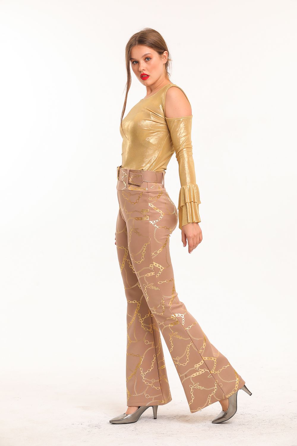SNS Sense Vizon Gold Spanish Hem Foil Printed Scuba Pants - Federal Way