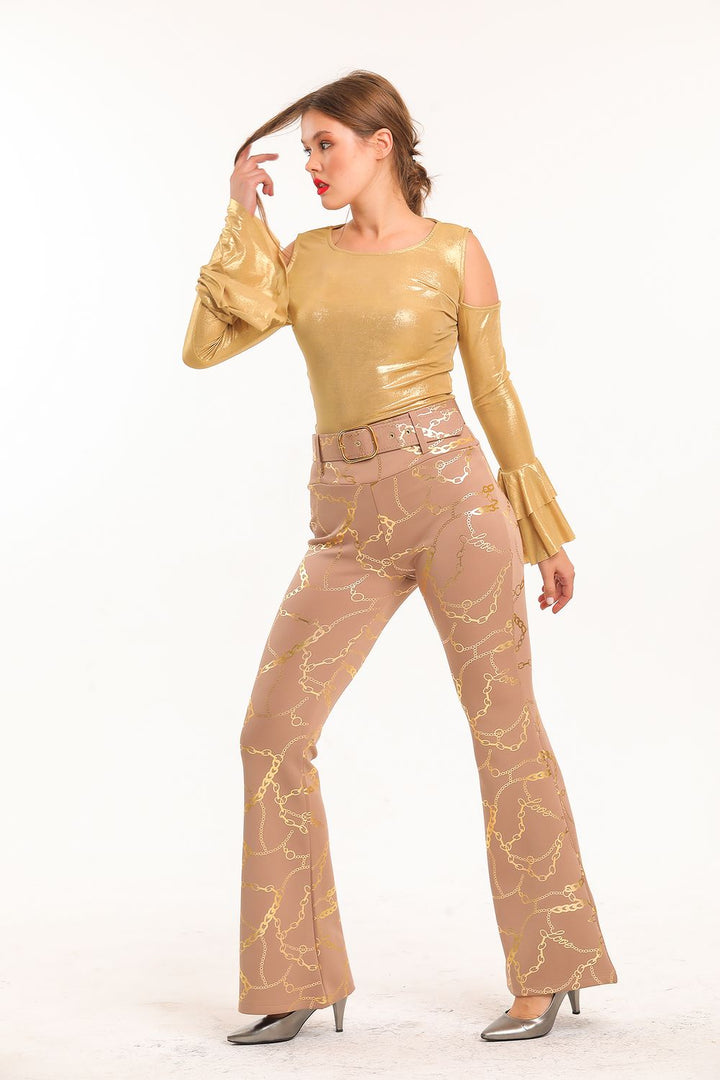 SNS Sense Vizon Gold Spanish Hem Foil Printed Scuba Pants - Federal Way