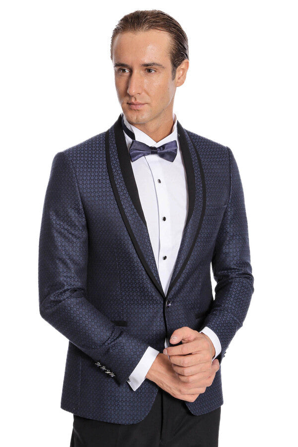 WSS Shawl Lapel Patterned Slim Fit Navy Blue Tuxedo  - Murrieta
