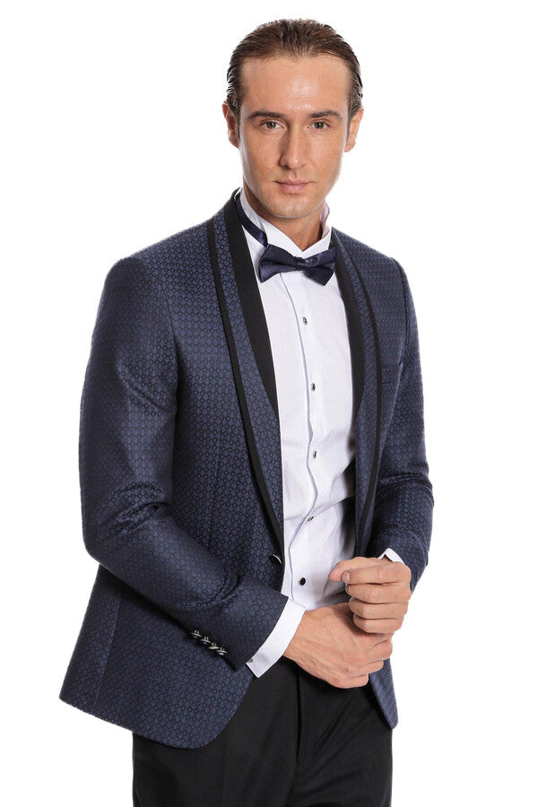 WSS Shawl Lapel Patterned Slim Fit Navy Blue Tuxedo  - Murrieta