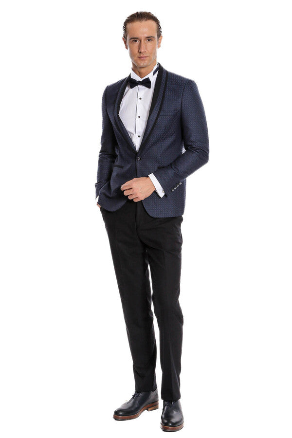 WSS Shawl Lapel Patterned Slim Fit Navy Blue Tuxedo  - Murrieta
