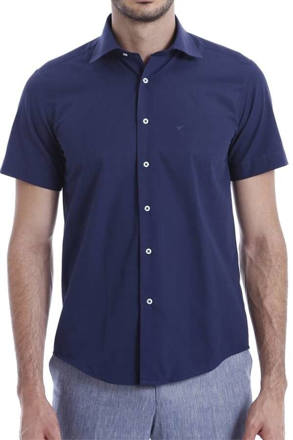 WSS Short Sleeve Poly Cotton Slim Fit Navy Blue Men Shirt  - Santarém