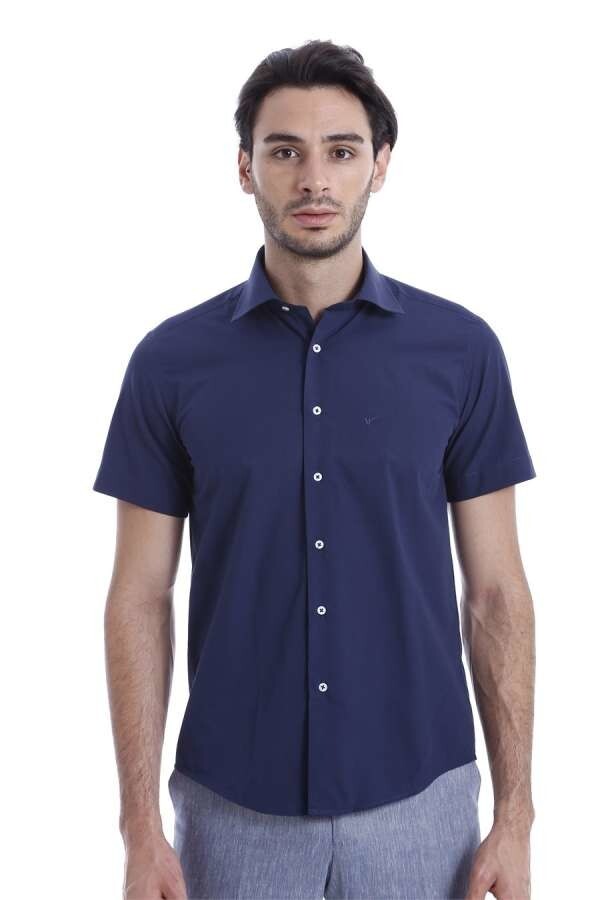 WSS Short Sleeve Poly Cotton Slim Fit Navy Blue Men Shirt  - Santarém