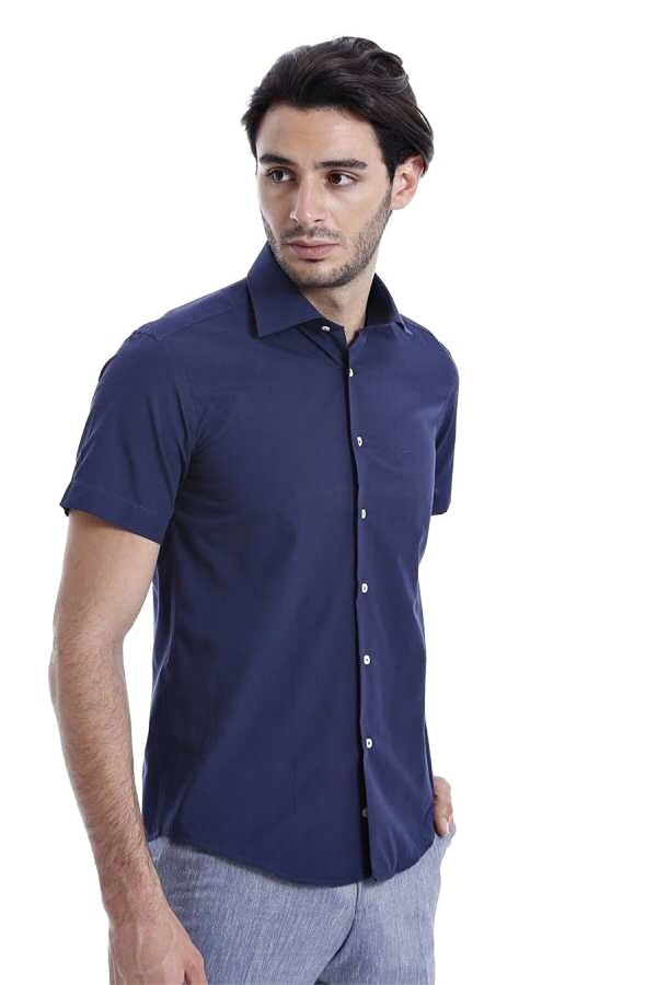 WSS Short Sleeve Poly Cotton Slim Fit Navy Blue Men Shirt  - Santarém